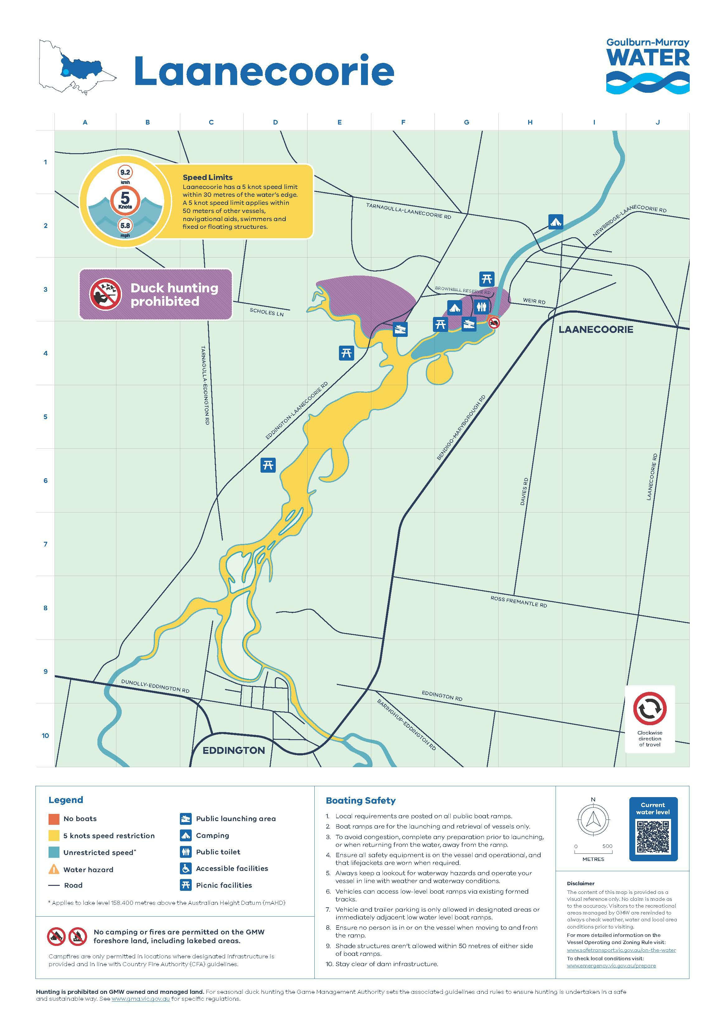 A map of Laanecoorie Reservoir, showing areas where duck hunting is prohibited, marked in pink. The reservoir is depicted in yellow, with surrounding roads and towns, including Laanecoorie to the northeast and Eddington to the southwest. Icons indicate recreational facilities such as boat ramps, public toilets, picnic areas, camping sites, and BBQ facilities, concentrated near the Laanecoorie Lakeside Caravan Park and Janevale Bridge. The map legend explains the color codes for boating restrictions and other amenities. The no-hunting zones are primarily located in the northern section of the reservoir near the caravan park and bridge.