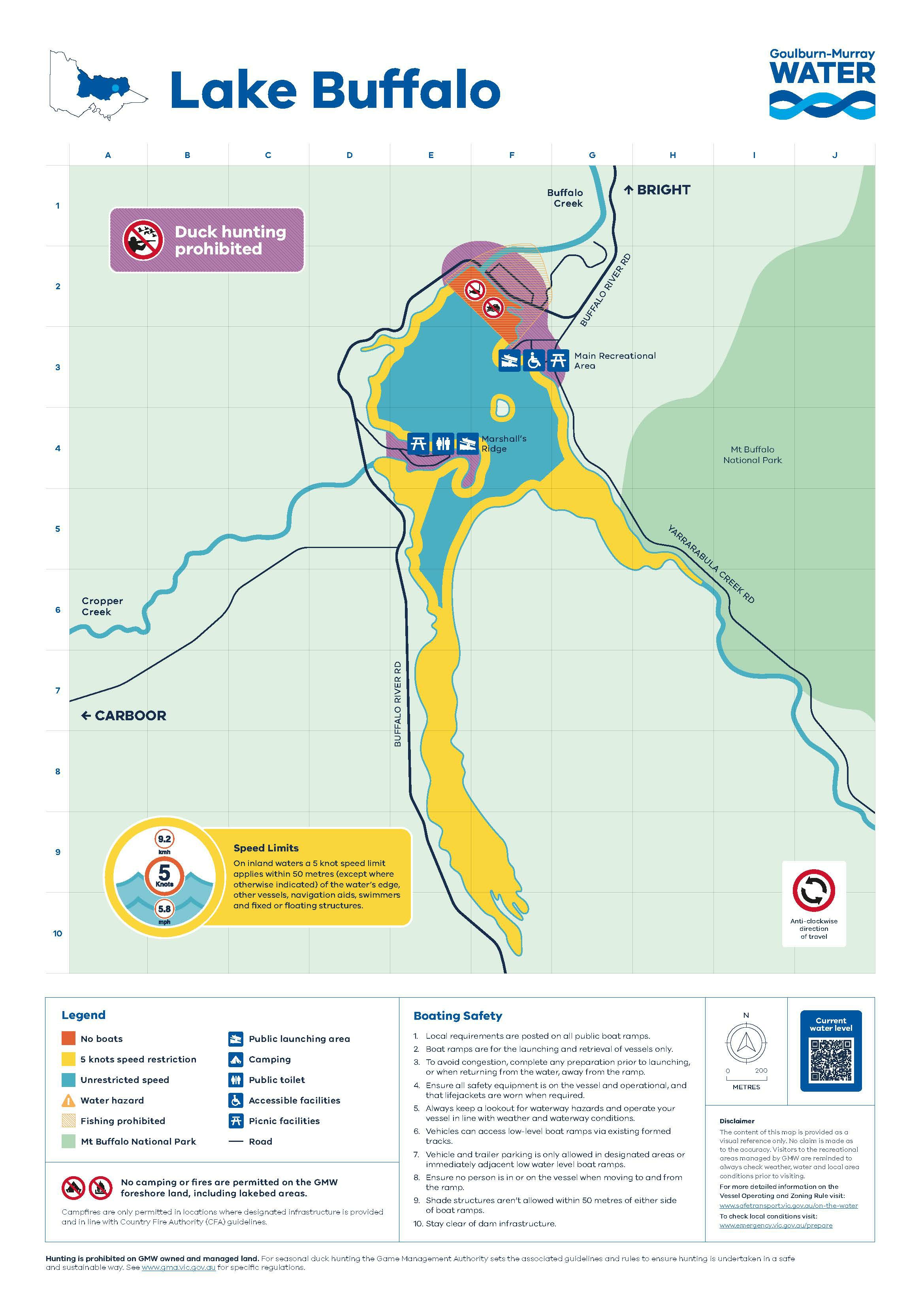 Map showing Lake Buffalo with designated 'No Duck Hunting' areas marked in pink. The map also displays different speed restriction zones, including 5 knots and 20 knots, as well as unrestricted speed areas. Key features include public launching areas, public toilets, and picnic facilities, with nearby areas such as Mount Buffalo National Park and Marshalls Ridge Seasonal Recreation Area. The map indicates the main recreation area, access lanes, and the surrounding road network including Buffalo River Road, leading to nearby towns such as Myrtleford, Bright, and Carboor
