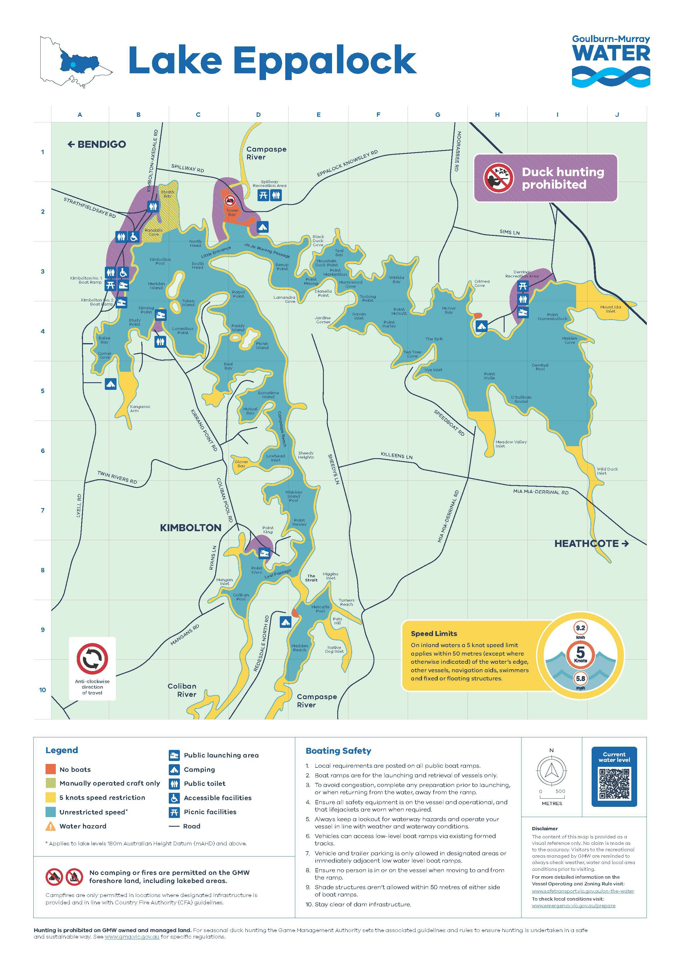 A map of Lake Eppalock, highlighting areas where duck hunting is prohibited, marked in pink. The lake is depicted in blue, with various bays, inlets, and surrounding landmarks. Roads leading to nearby towns like Bendigo, Melbourne, and Heathcote are clearly labeled. Recreational facilities, including boat ramps, picnic areas, public toilets, and BBQ sites, are shown with icons, particularly around the northern and southern parts of the lake. The map legend explains color codes for restricted areas, national parks, and other facilities. No-hunting zones are concentrated in the northern and central regions of Lake Eppalock.
