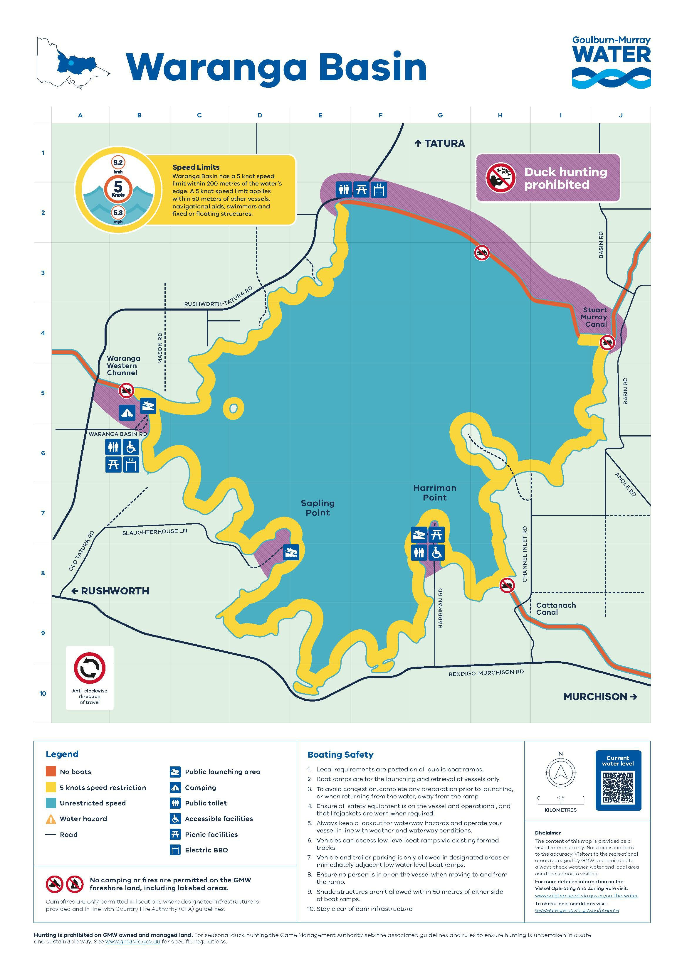 Map of Waranga Basin showing areas designated for different activities. The map indicates 'No Duck Hunting' areas in pink along various parts of the shore. There are boat ramps, public toilets, picnic facilities, camping areas, and BBQ facilities marked with specific icons. The map shows key locations like Sapling Point, Harriman Point, and the Outlet Building. The basin has unrestricted speed zones in blue and 5 knots speed restriction zones in yellow. Roads to nearby towns such as Tatura, Murchison, and Rushworth are marked