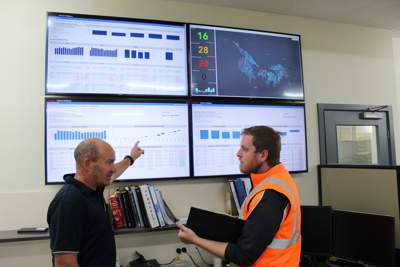 GMW Works Scheduler and Planner Peter Watkins (left) and Maintenance Dispatch Planner Phillip Adornato Maintenance with the centralised monitoring system