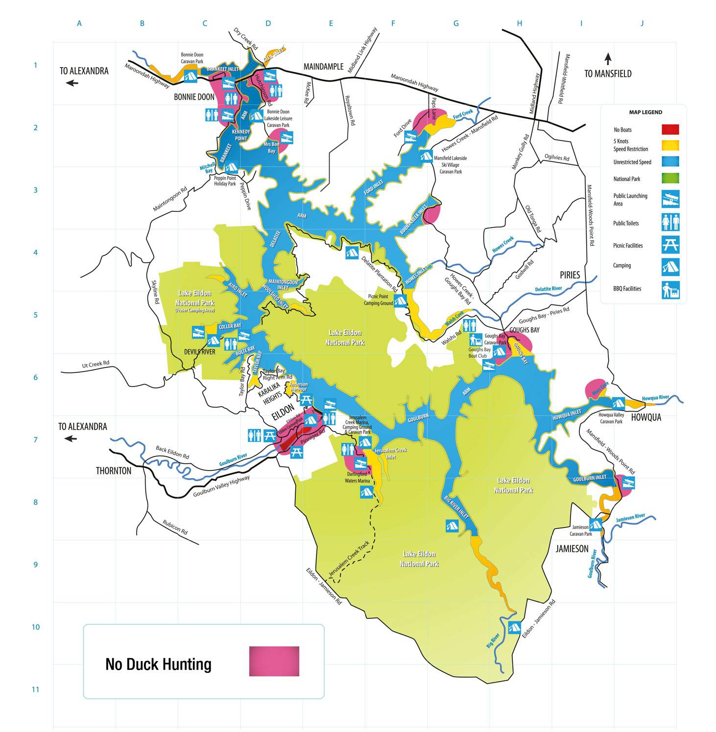 Map depicting Lake Eildon, showing the extensive waterway system with various 'No Duck Hunting' zones highlighted in pink. The map also outlines areas with different speed restrictions, public launching areas, picnic facilities, camping sites, and BBQ facilities. Notable locations around the lake include Lake Eildon National Park, Bonnie Doon, and Howqua. Key access roads such as the Maroondah Highway and Jamieson Road are shown. The map also marks several nearby towns including Eildon, Thornton, Mansfield, and Alexandra