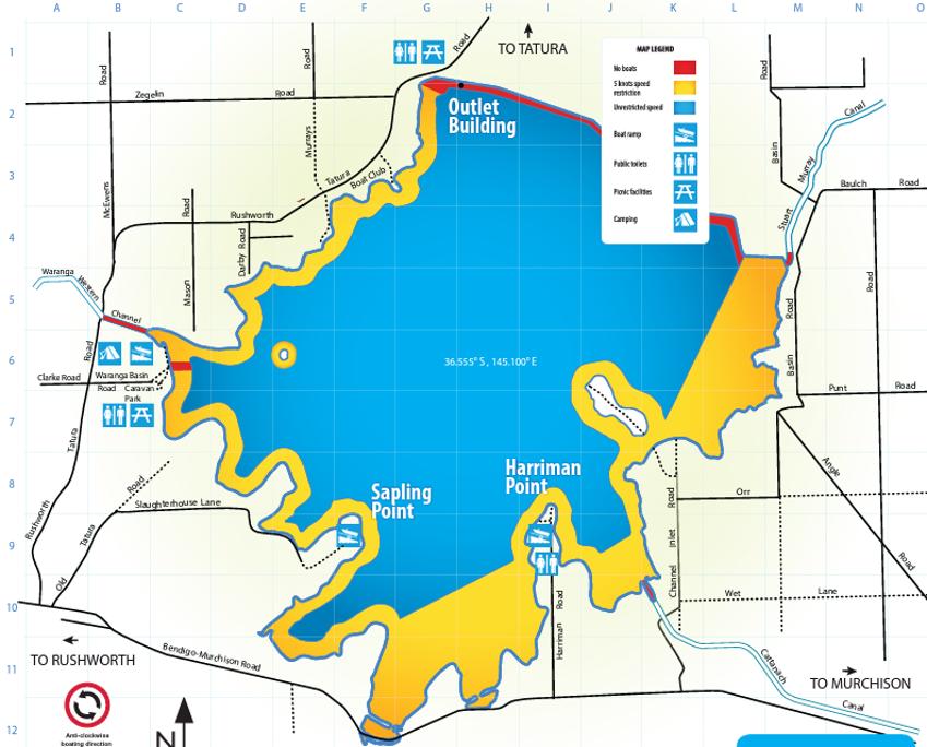 Detailed map of the facilities at Waranga Basin