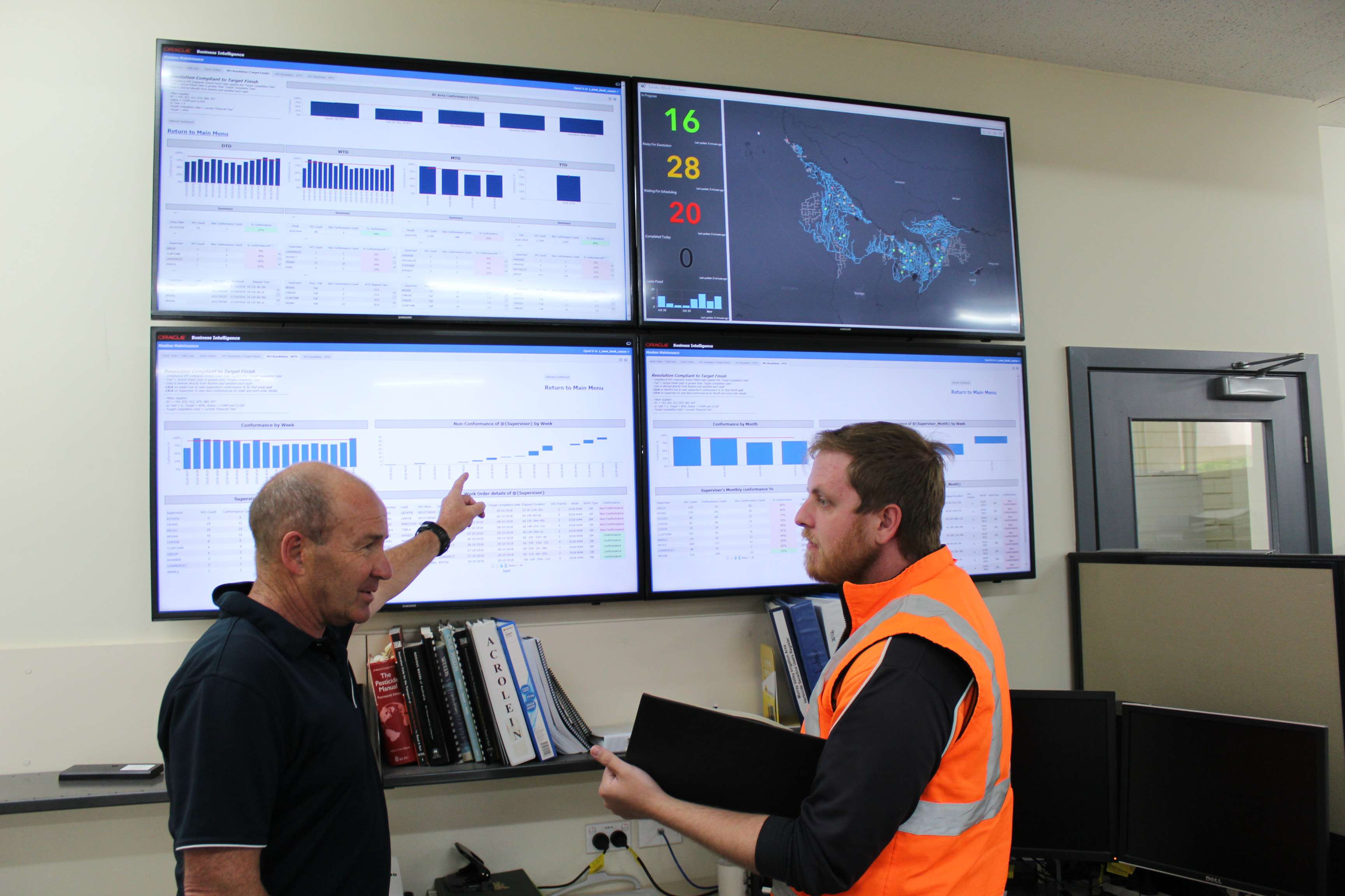 Data helping to find new efficiencies and cost savings GMW Works Scheduler and Planner Peter Watkins (left) and Maintenance Dispatch Planner Phillip Adornato Maintenance with the centralised monitoring system