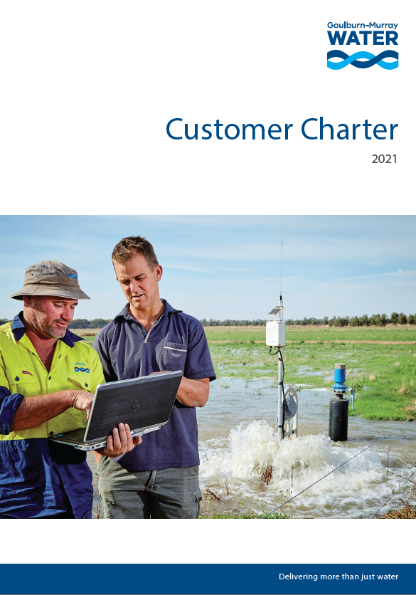 GMW Customer Charter 2021 The cover of GMW's 2021 Customer Charter, featuring an image of two men - a GMW staff member talking to a GMW customer, with a water pump flowing in the background on a sunny day.