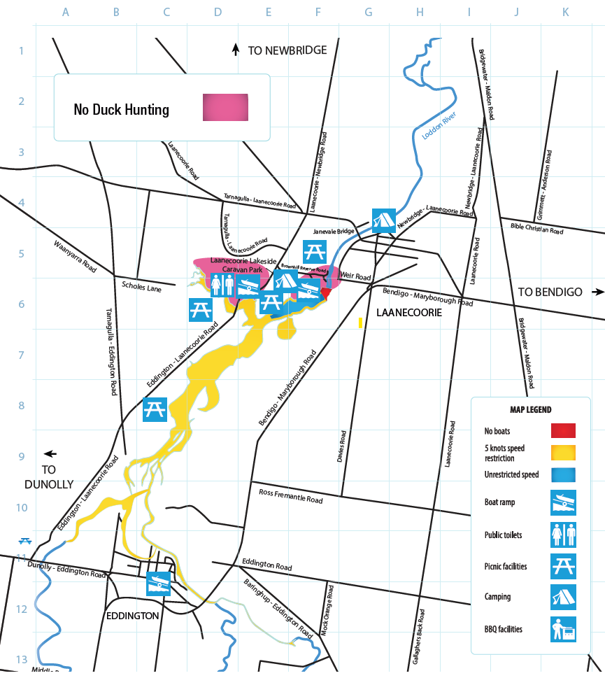A map of Laanecoorie Reservoir, showing areas where duck hunting is prohibited, marked in pink. The reservoir is depicted in yellow, with surrounding roads and towns, including Laanecoorie to the northeast and Eddington to the southwest. Icons indicate recreational facilities such as boat ramps, public toilets, picnic areas, camping sites, and BBQ facilities, concentrated near the Laanecoorie Lakeside Caravan Park and Janevale Bridge. The map legend explains the color codes for boating restrictions and other amenities. The no-hunting zones are primarily located in the northern section of the reservoir near the caravan park and bridge.