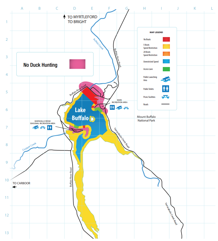 Map showing Lake Buffalo with designated 'No Duck Hunting' areas marked in pink. The map also displays different speed restriction zones, including 5 knots and 20 knots, as well as unrestricted speed areas. Key features include public launching areas, public toilets, and picnic facilities, with nearby areas such as Mount Buffalo National Park and Marshalls Ridge Seasonal Recreation Area. The map indicates the main recreation area, access lanes, and the surrounding road network including Buffalo River Road, leading to nearby towns such as Myrtleford, Bright, and Carboor