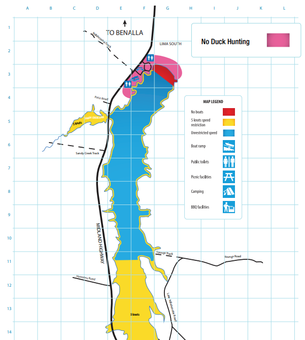 Map showing Lake Nillahcootie with various activity zones. The 'No Duck Hunting' area is marked in pink at the northern end of the lake near Lima South. Yellow zones indicate areas with a 5 knots speed restriction, while blue zones represent unrestricted speed areas. The map highlights boat ramps, public toilets, picnic facilities, camping sites, and BBQ facilities along the lake's perimeter. The Midland Highway runs parallel to the lake's western shore, with key roads such as Youngs Road and Henders Lane connecting to it